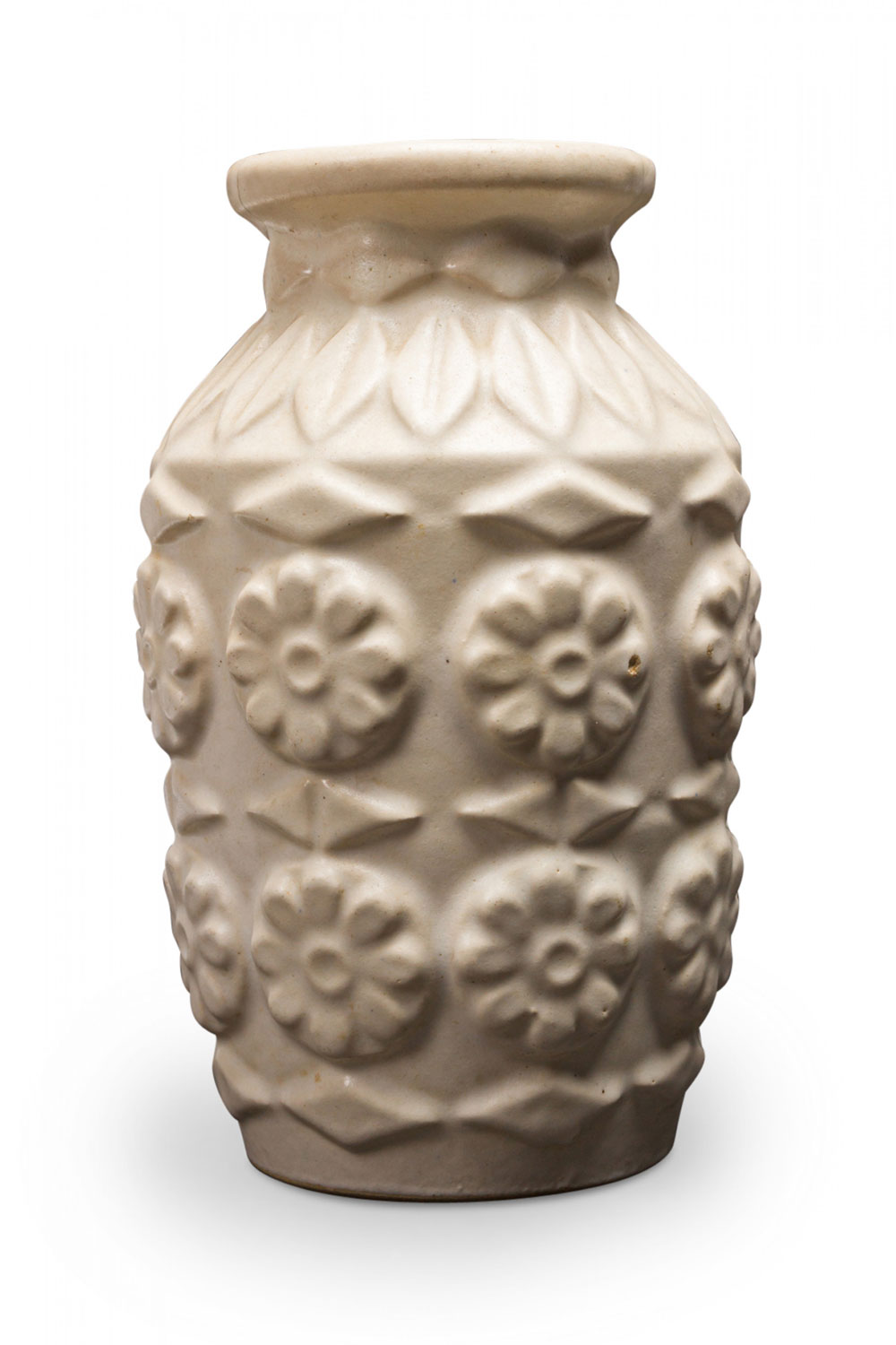 Bay Keramik West German Mid Century Raised Flower and Leaf Design White Ceramic Vase