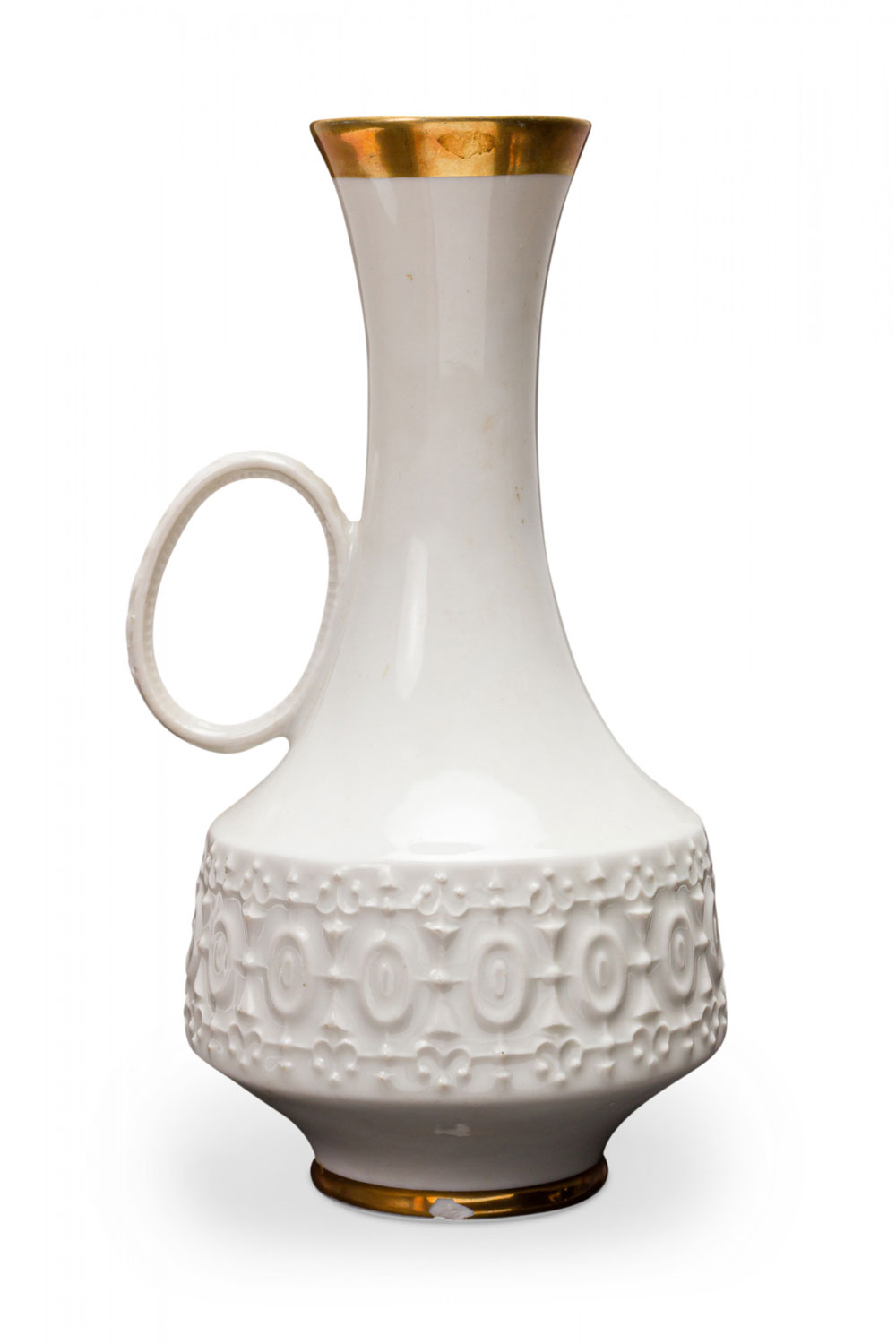 KPM Bavaria German Mid Century White and Gold and Raised Geometric Pattern Porcelain Handled Vase