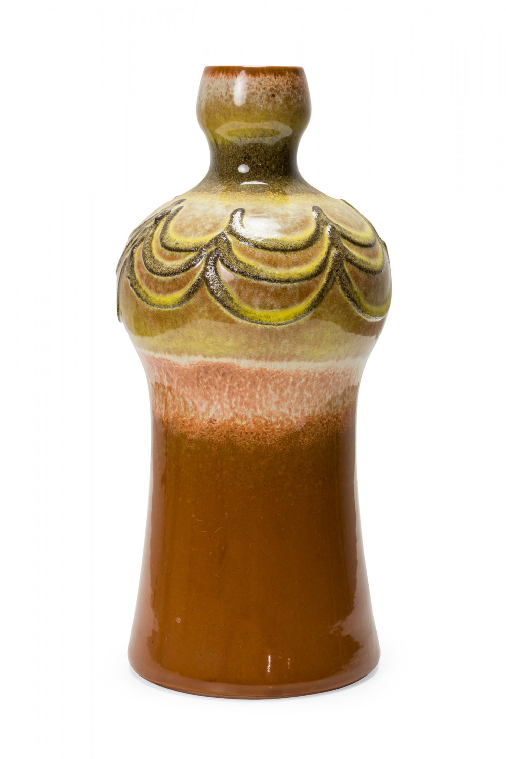 Strehla Keramik East German Mid Century Raised Scallop Pattern Multi Tonal Brown Glazed Ceramic Vase