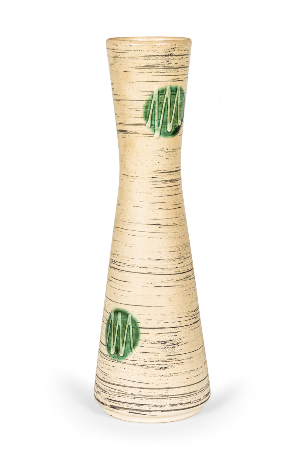 West German Mid Century Thin Black Stripe and Green Circle Pattern Beige Ceramic Vase