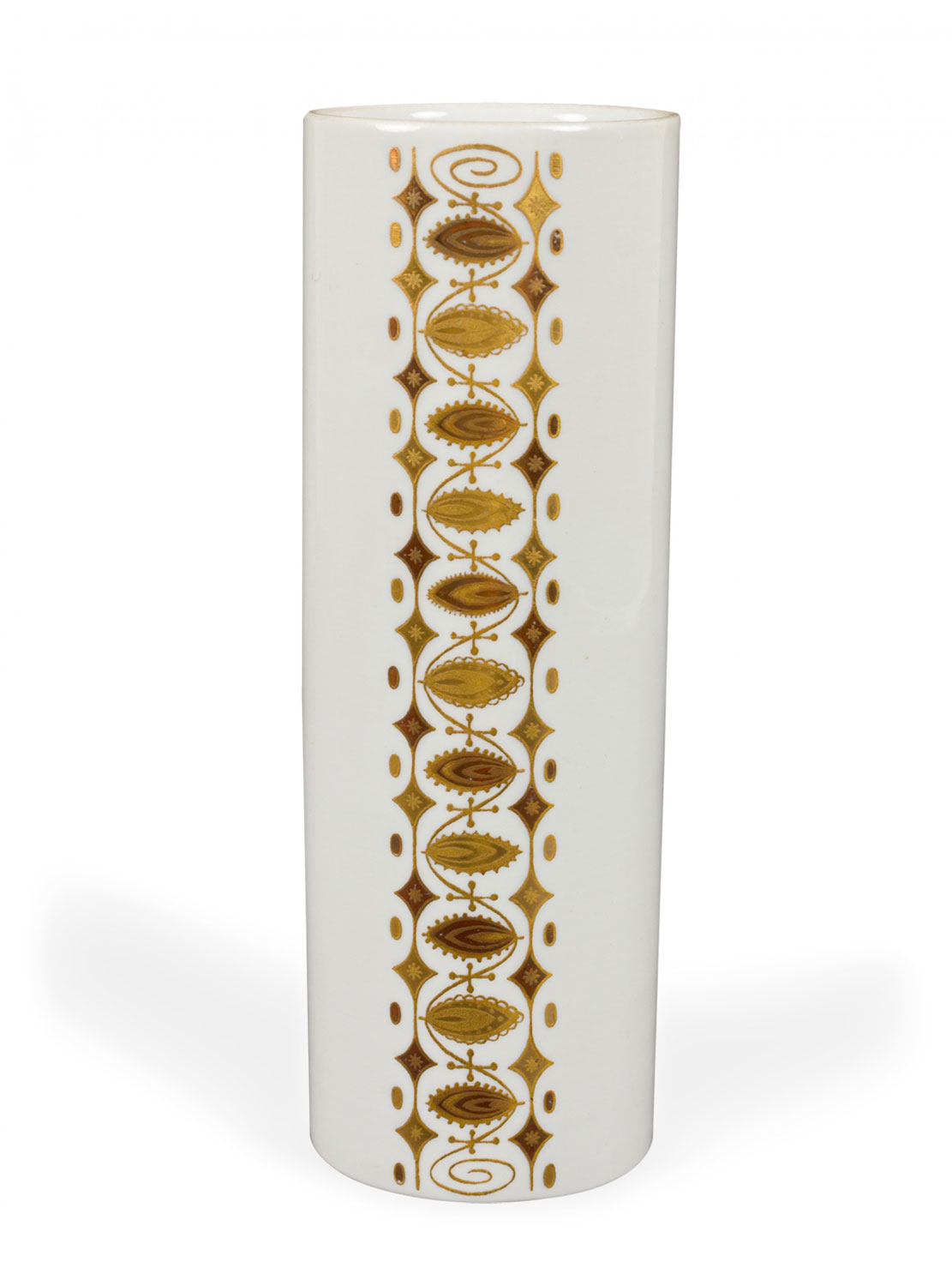 Alka Kunst Bavaria German Mid Century Cylindrical Gold Vine and Diamond Design White Porcelain Vase