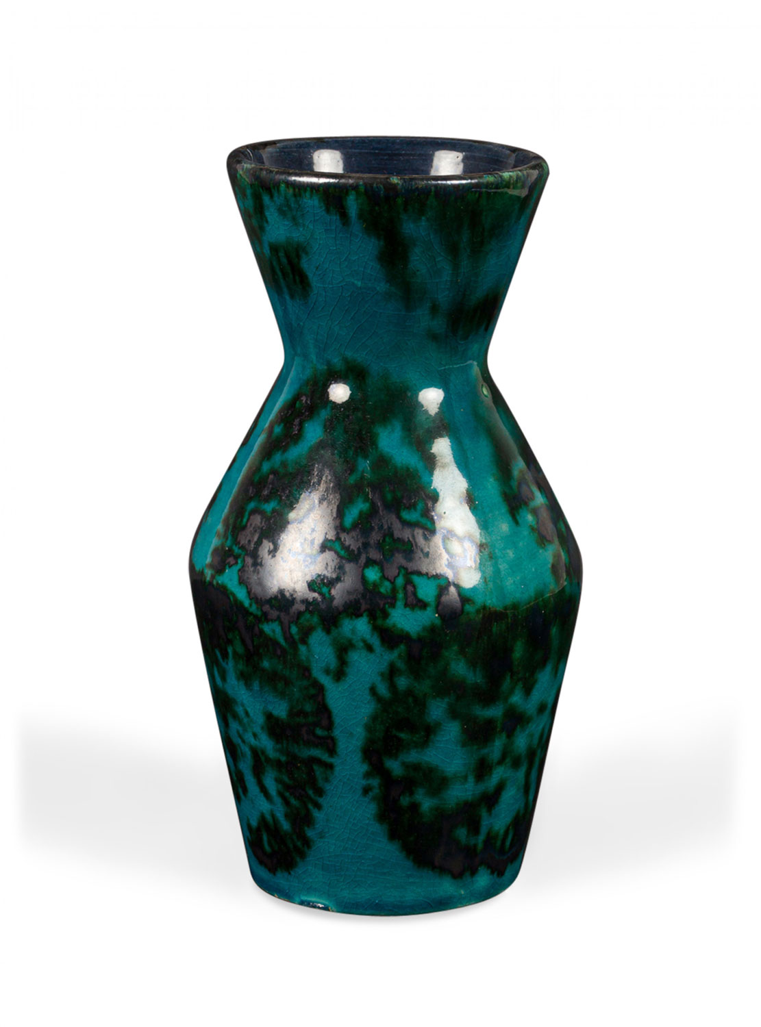 Scheurich West German Hourglass Form Green and Black Marbled Glazed Ceramic Vase