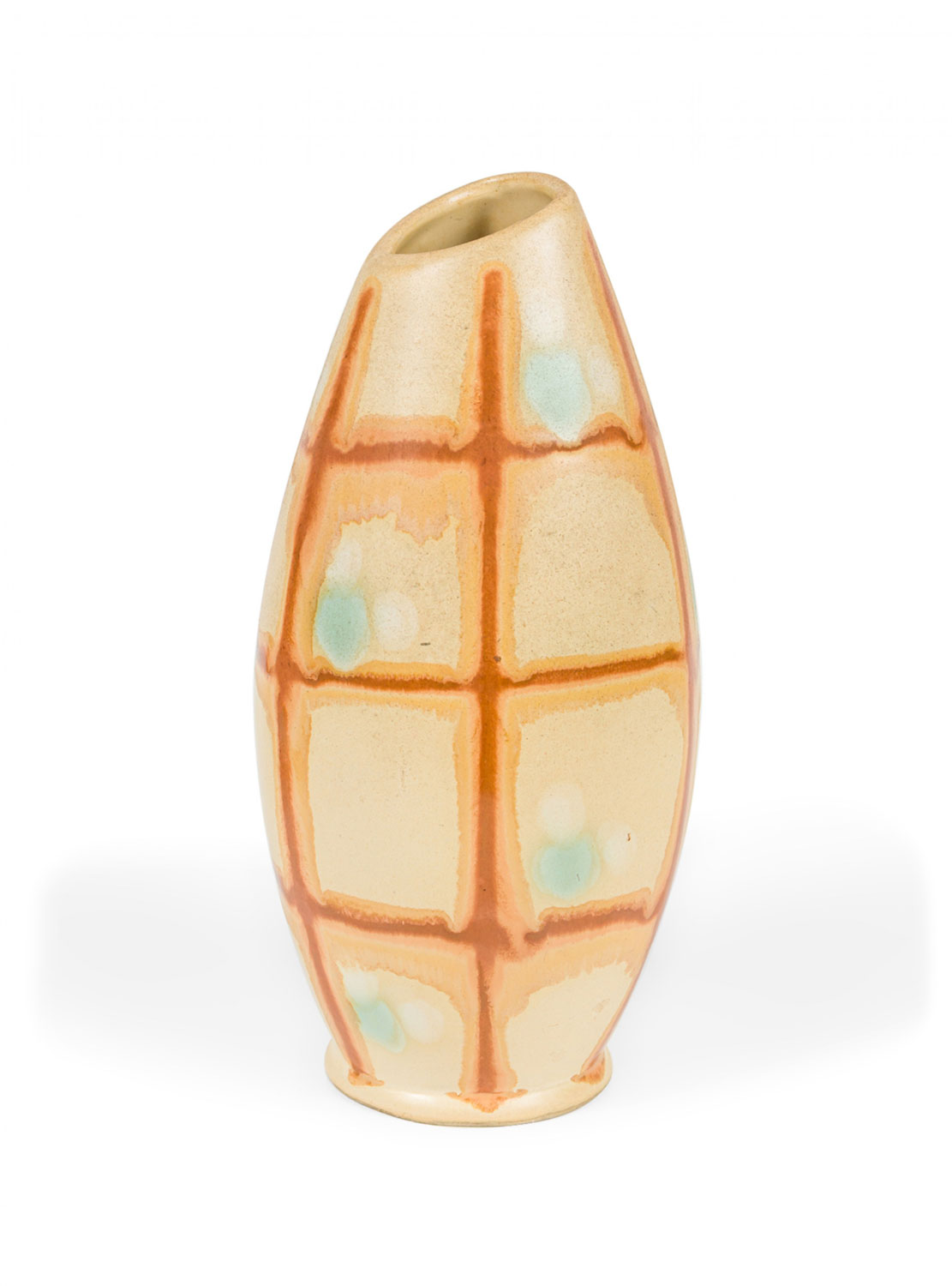 German Mid Century Brown, Gold, and Green Grid Patterned Beige Glazed Ceramic Vase