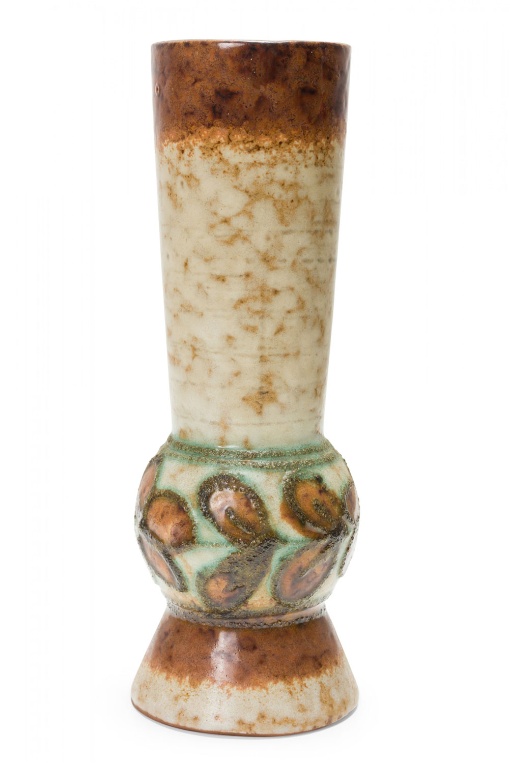 Strehla East German Mid Century Raised Green Floral Design Brown and Beige Glazed Ceramic Vase