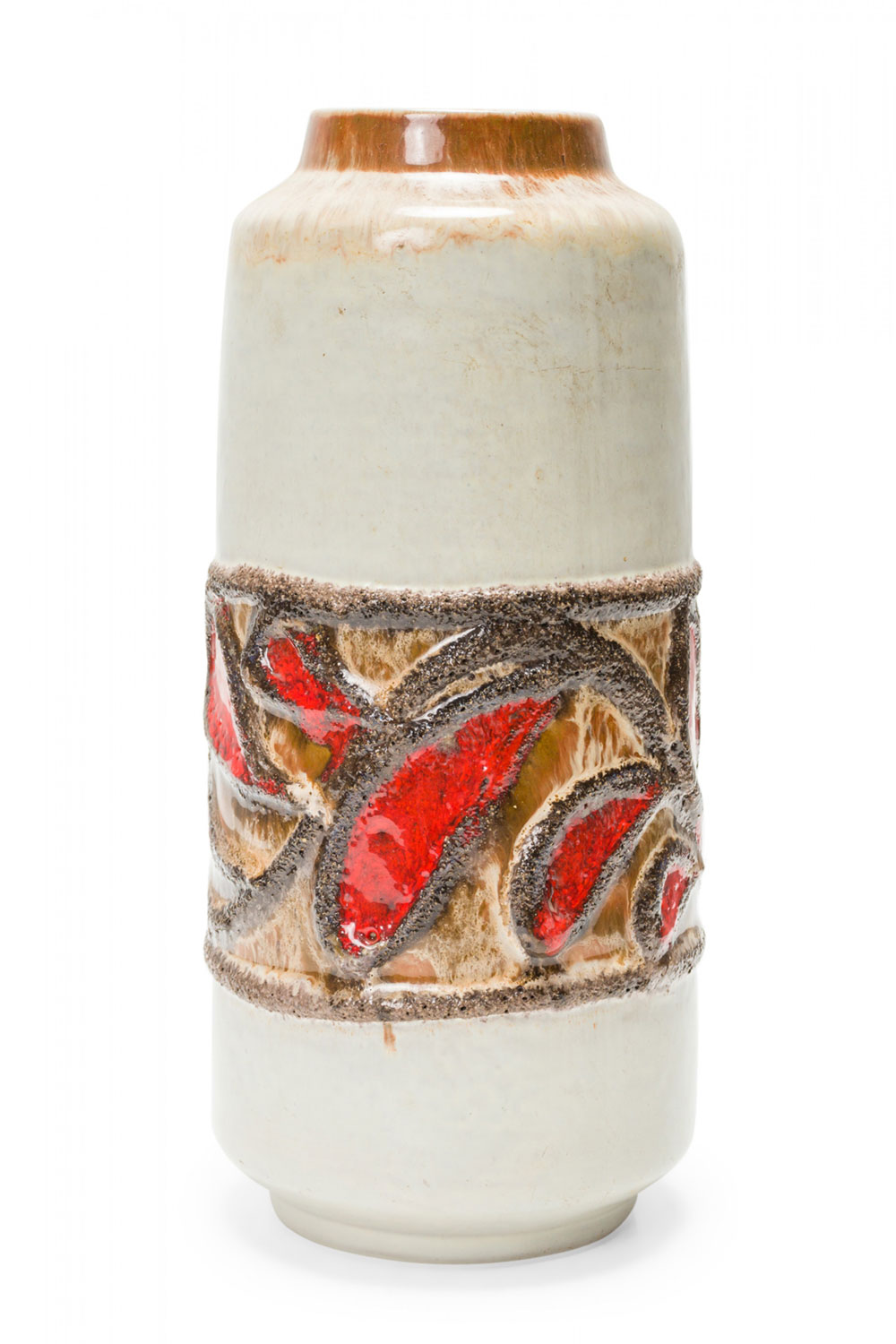 Strehla East German Mid Century White Red and Black Glazed Banded Central Design Ceramic Vase