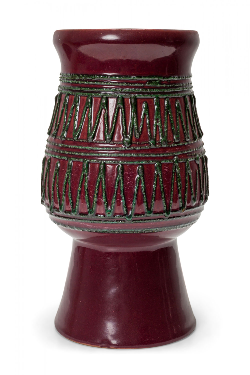 Strehla East German Mid Century Raised Black Zig Zag Patterned Brown Glazed Footed Ceramic Vase