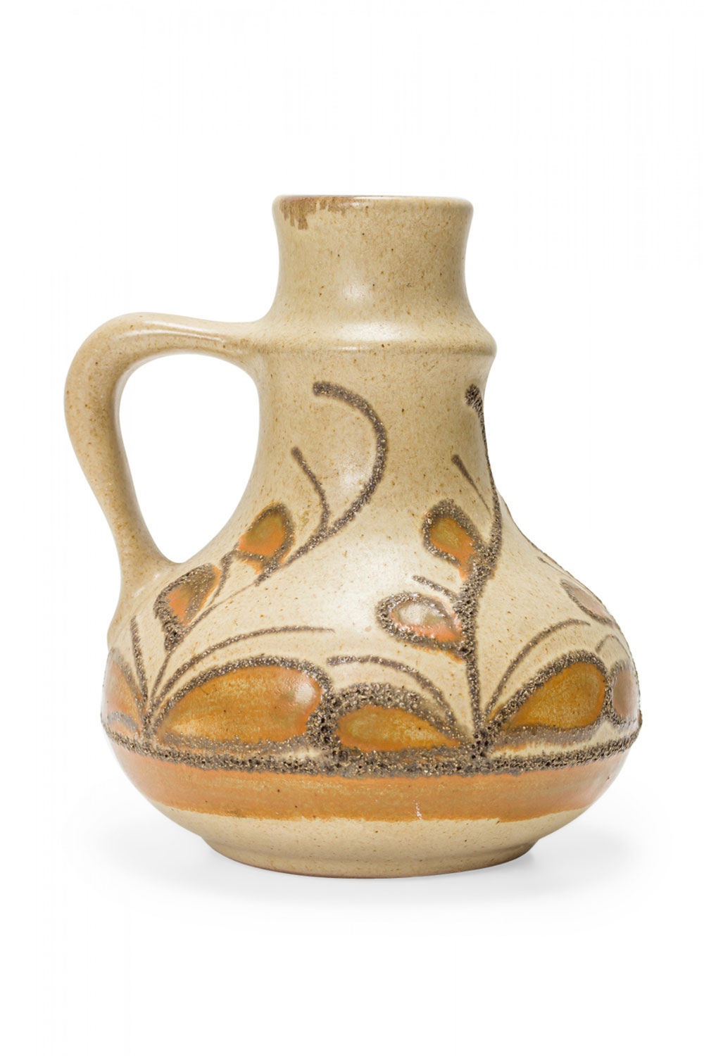 Strehla Keramik East German Mid Century Leaf Design Brown and Beige Handled Ceramic Pitcher