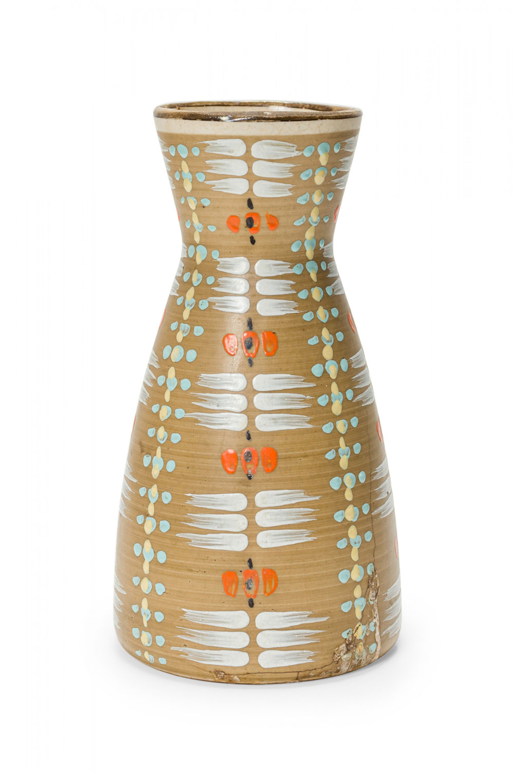 German Mid Century Hourglass Form Abstract Grid Design White Orange and Brown Ceramic Vase