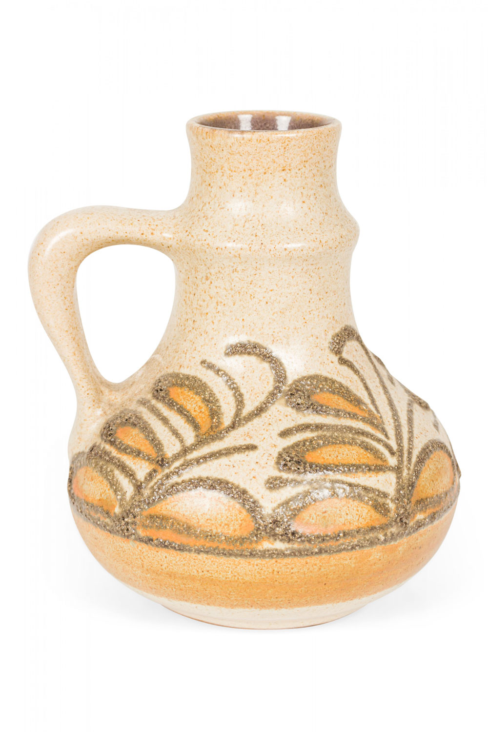 Strehla Keramik East German Mid Century Beige and Brown Leaf Patterned Ceramic Jug