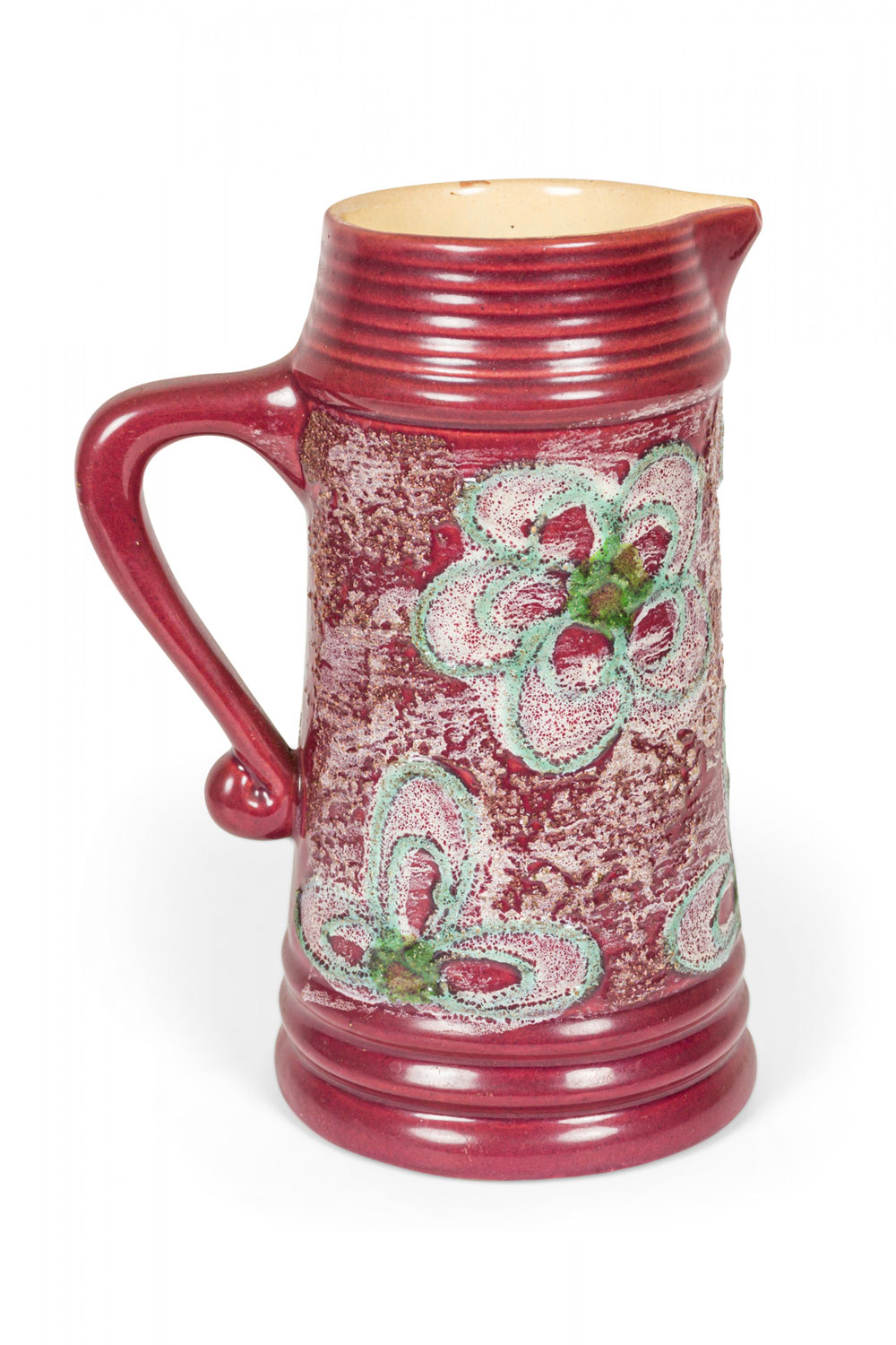 Strehla Keramik East German Mid Century Green and Beige Floral Burgundy Glazed Ceramic Pitcher