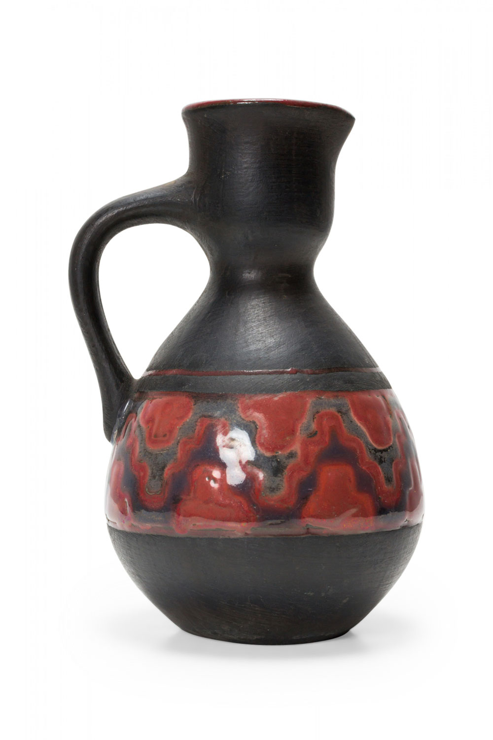 German Mid Century Black and Red Banded Design Waisted Ceramic Pitcher