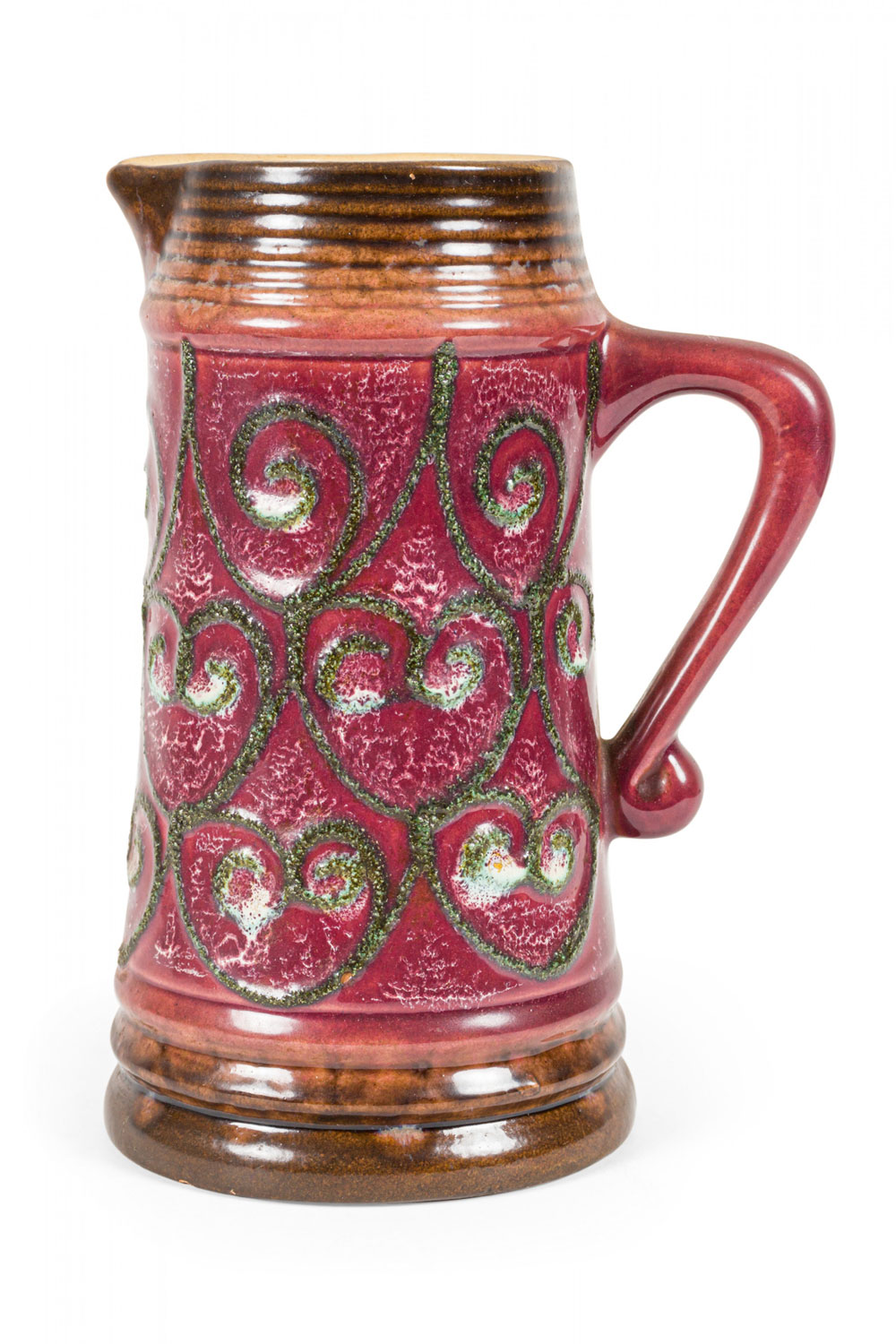 Strehla Keramik East German Mid Century Green Raised Spiral Design Burgundy Glazed Ceramic Pitcher