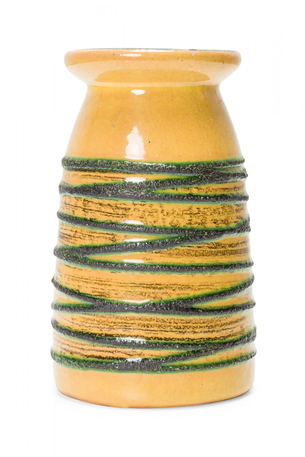 Strehla Keramik East German Mid Century Cylindrical Raised Green Banded Yellow Glazed Ceramic Vase