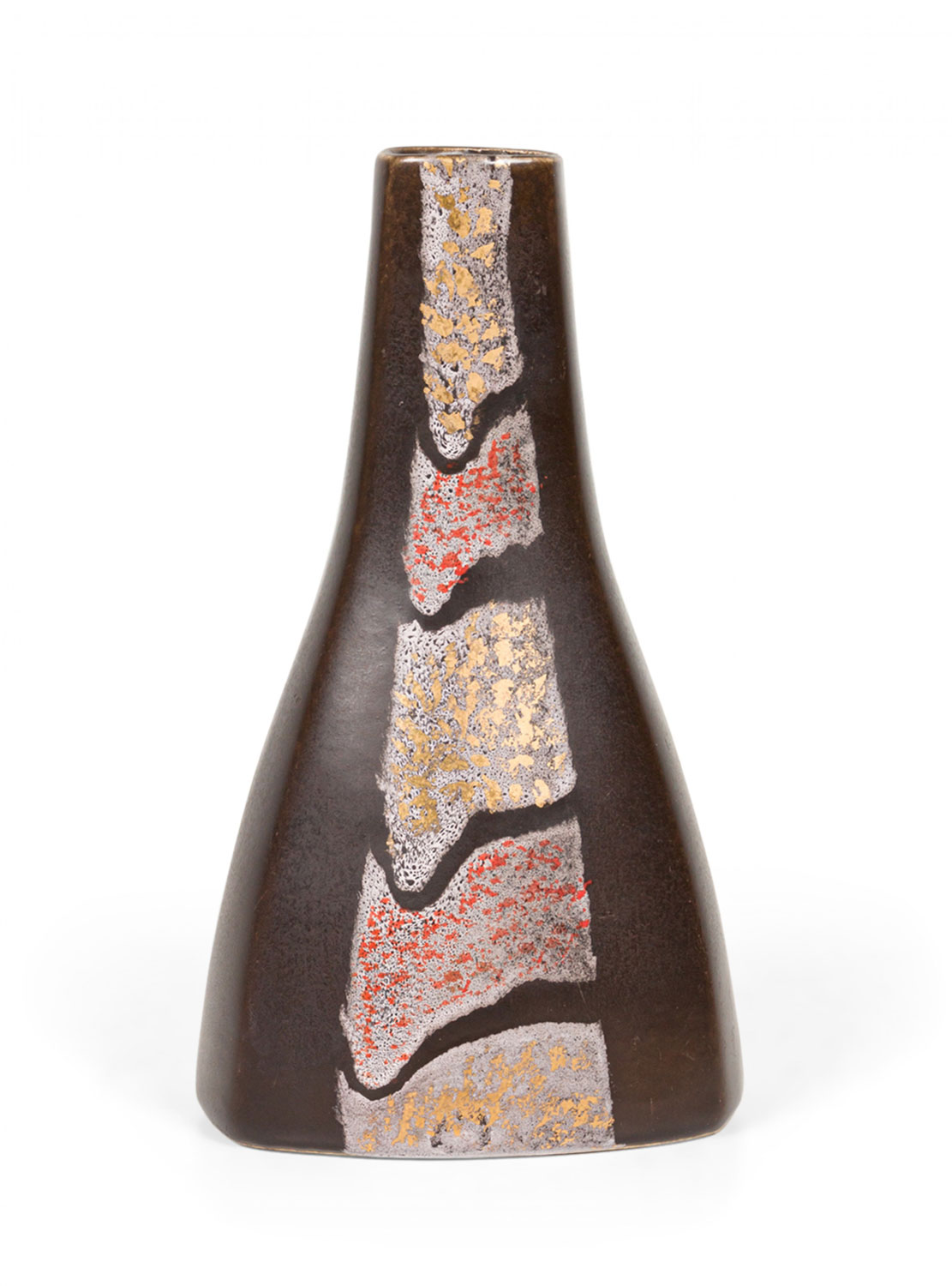 Strehla Keramik East German Mid Century Metallic Square Design Dark Brown Ceramic Vase