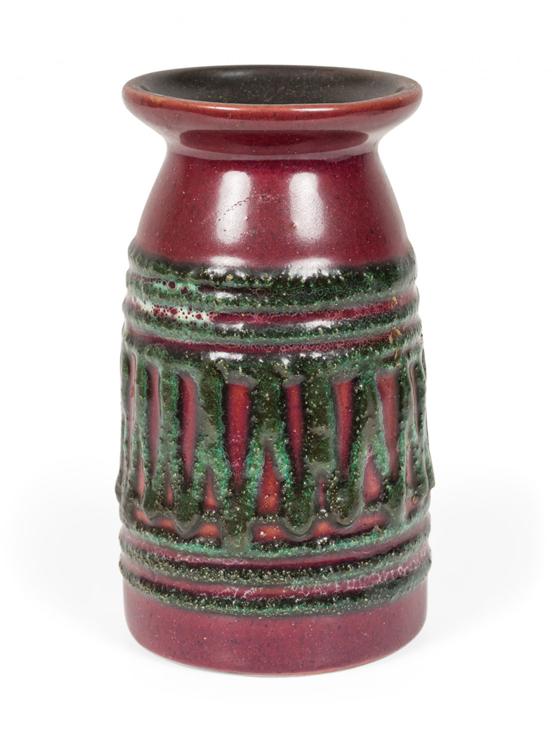 Strehla Keramik East German Mid Century Raised Green Zig Zag and Line Banded Red Glazed Ceramic Vase