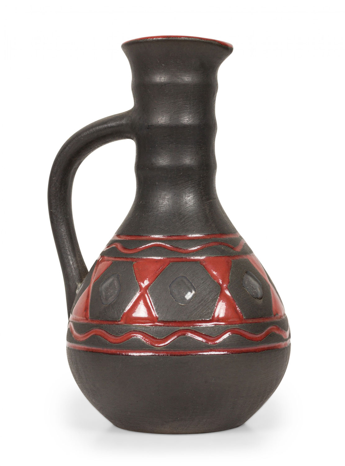 German Mid Century Red and Black Diamond Pattern Banded Black Ceramic Pitcher