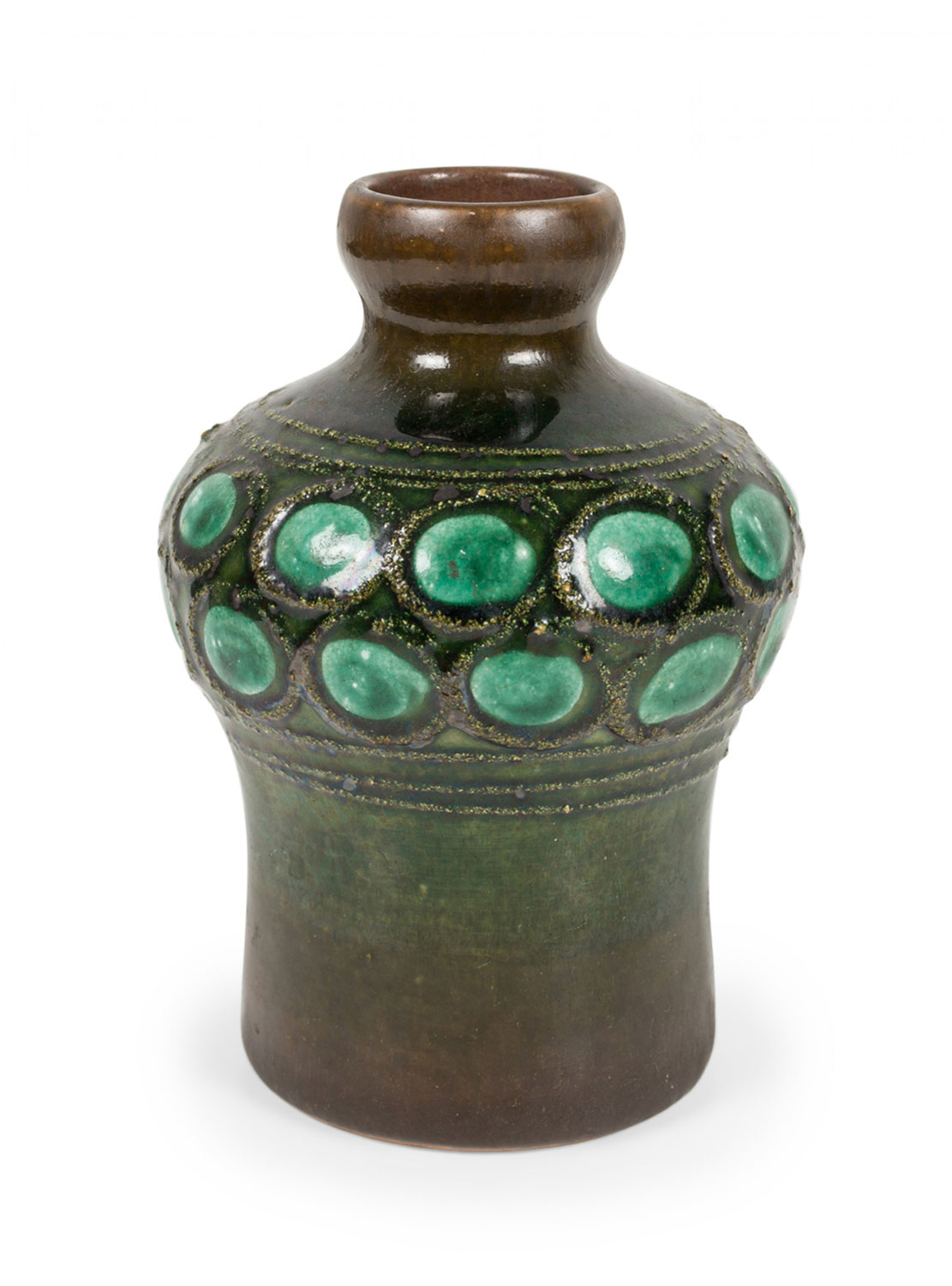 Strehla Keramik East German Mid Century Multi Tonal Green Glazed Circle Design Ceramic Vase