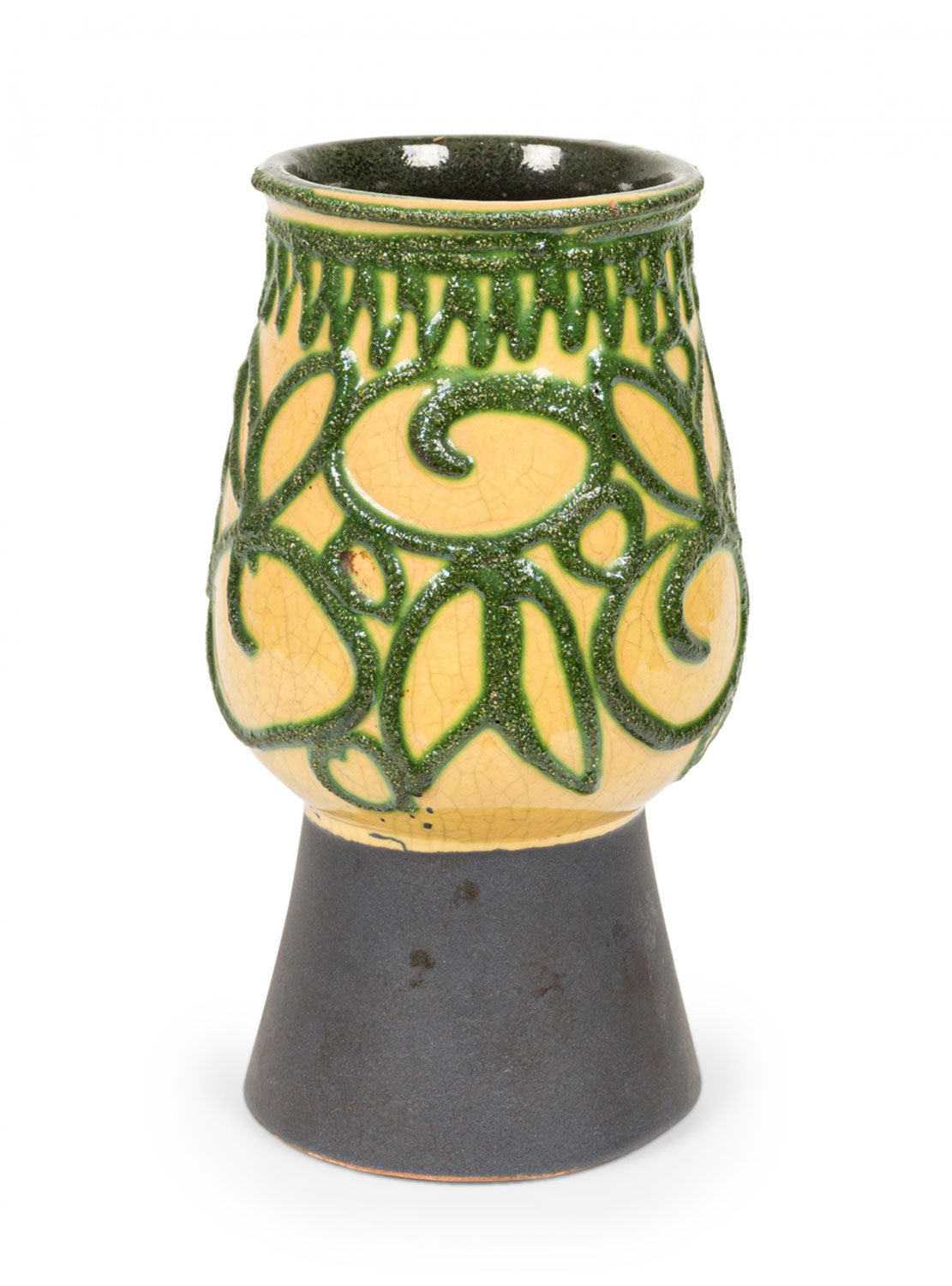 Strehla Keramik East German Mid Century Green Looping Patterned Yellow Glazed Footed Ceramic Vase
