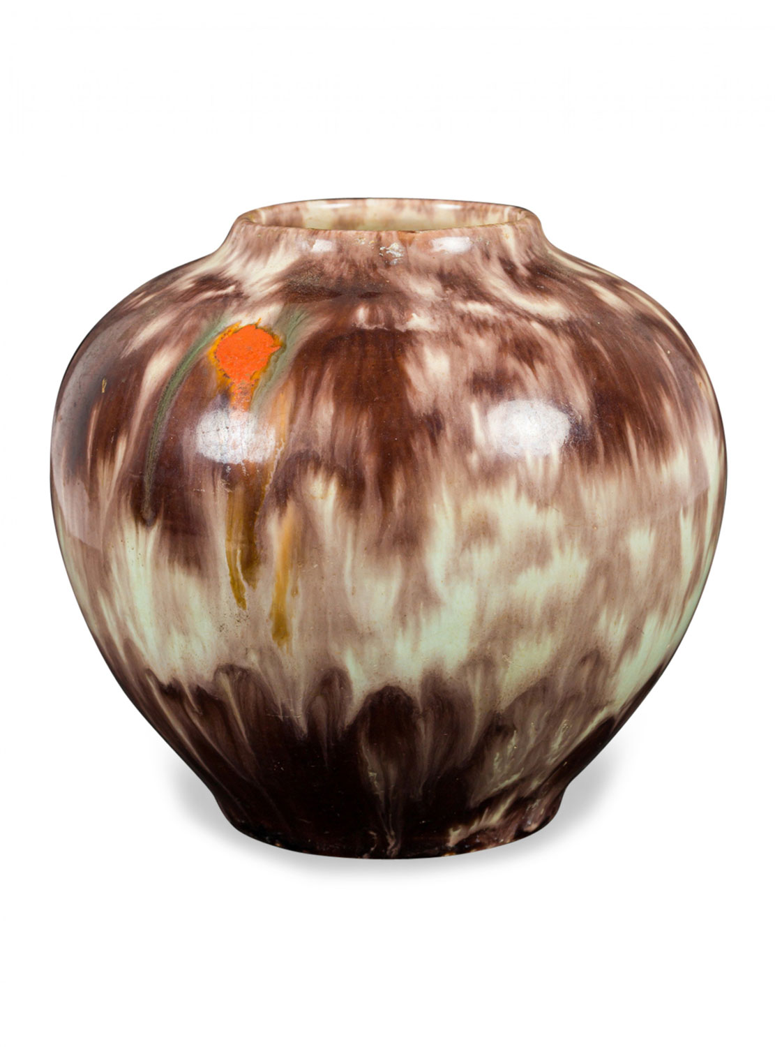 German Mid Century Mottled Dark Brown and Beige Orange Accented Glazed Ceramic Vase