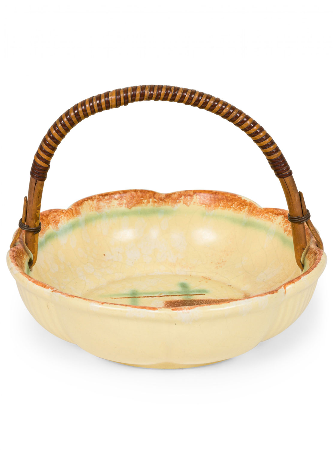 German Mid Century Rattan Wrapped Handle Beige Glazed Ceramic Decorative Basket 