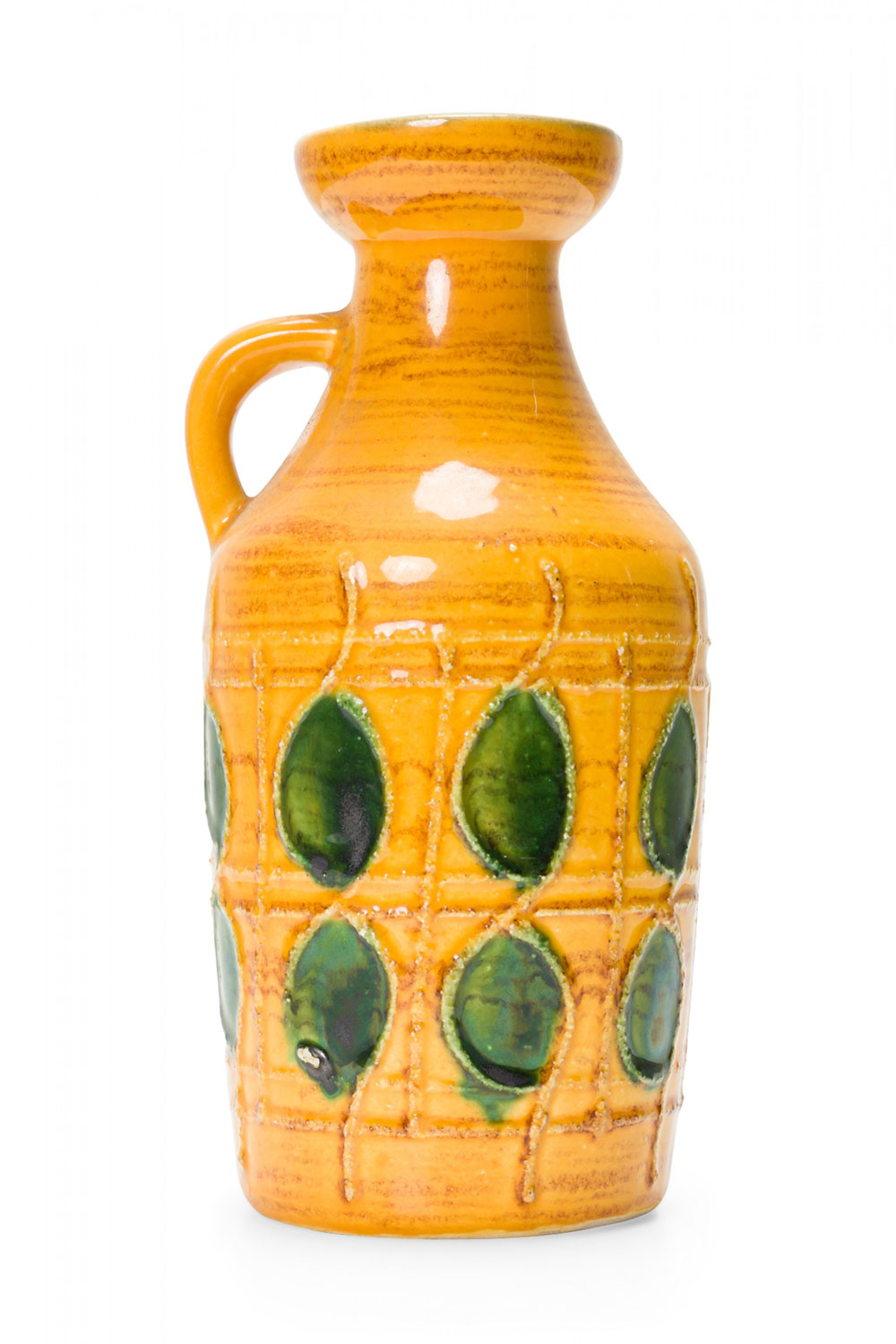 Strehla Keramik East German Mid Century Yellow Glazed Green Circle Design Ceramic Pitcher