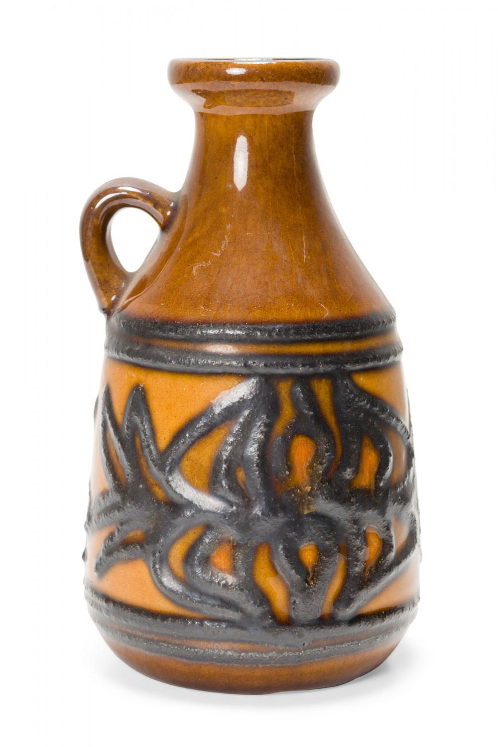 Strehla Keramik East German Mid Century Raised Green Design and Brown Glazed Ceramic Jug