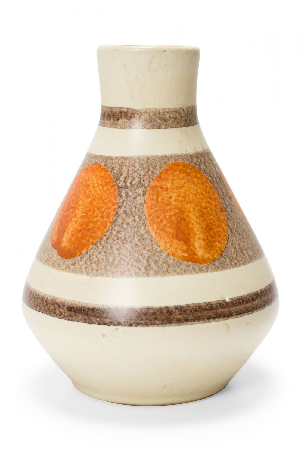 German Mid Century Orange and Gray Banded Design Beige Glazed Ceramic Vase