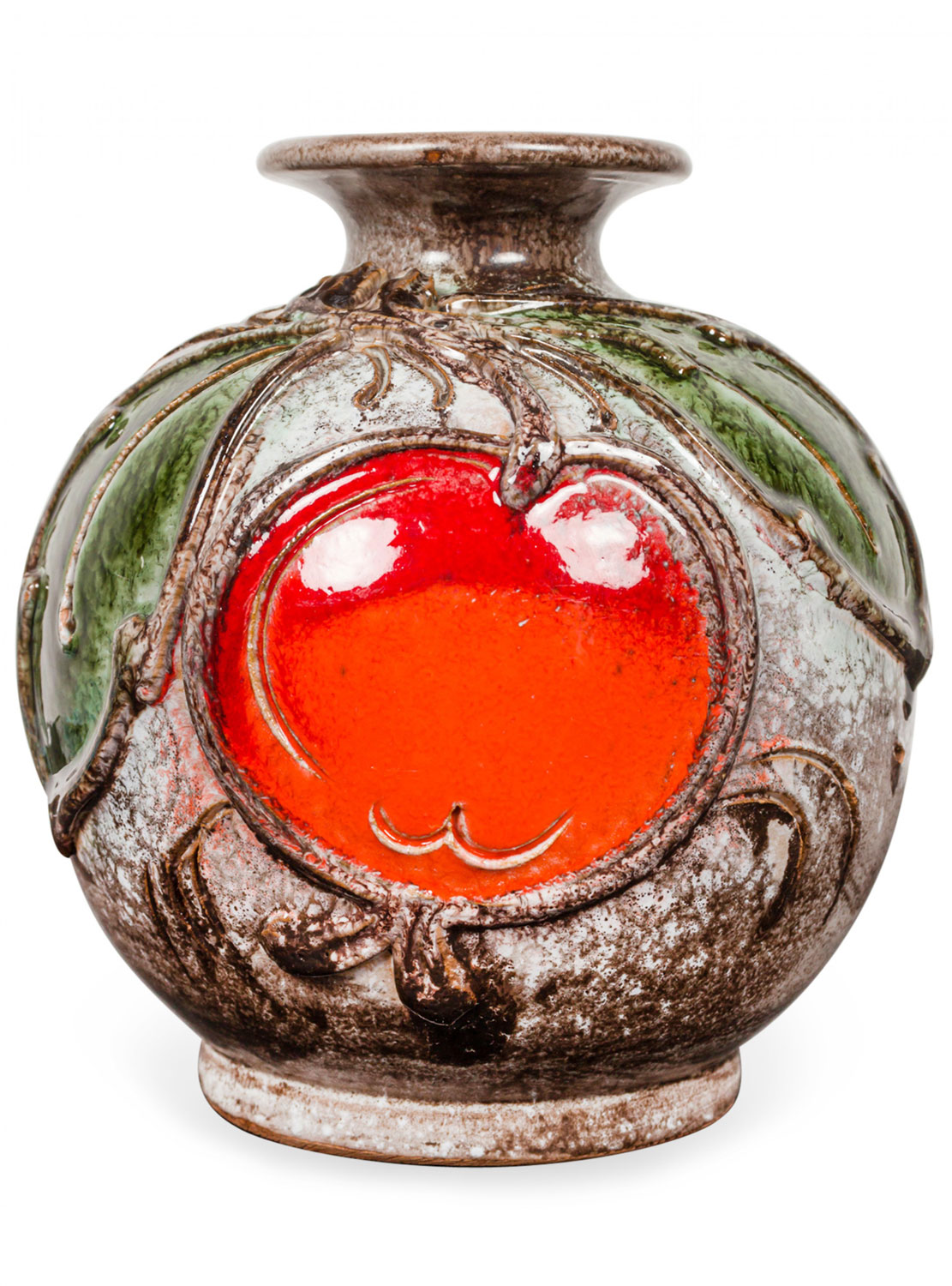 German Mid Century Leaf and Fruit Design Orange, Green and Gray Glazed Ceramic Vase