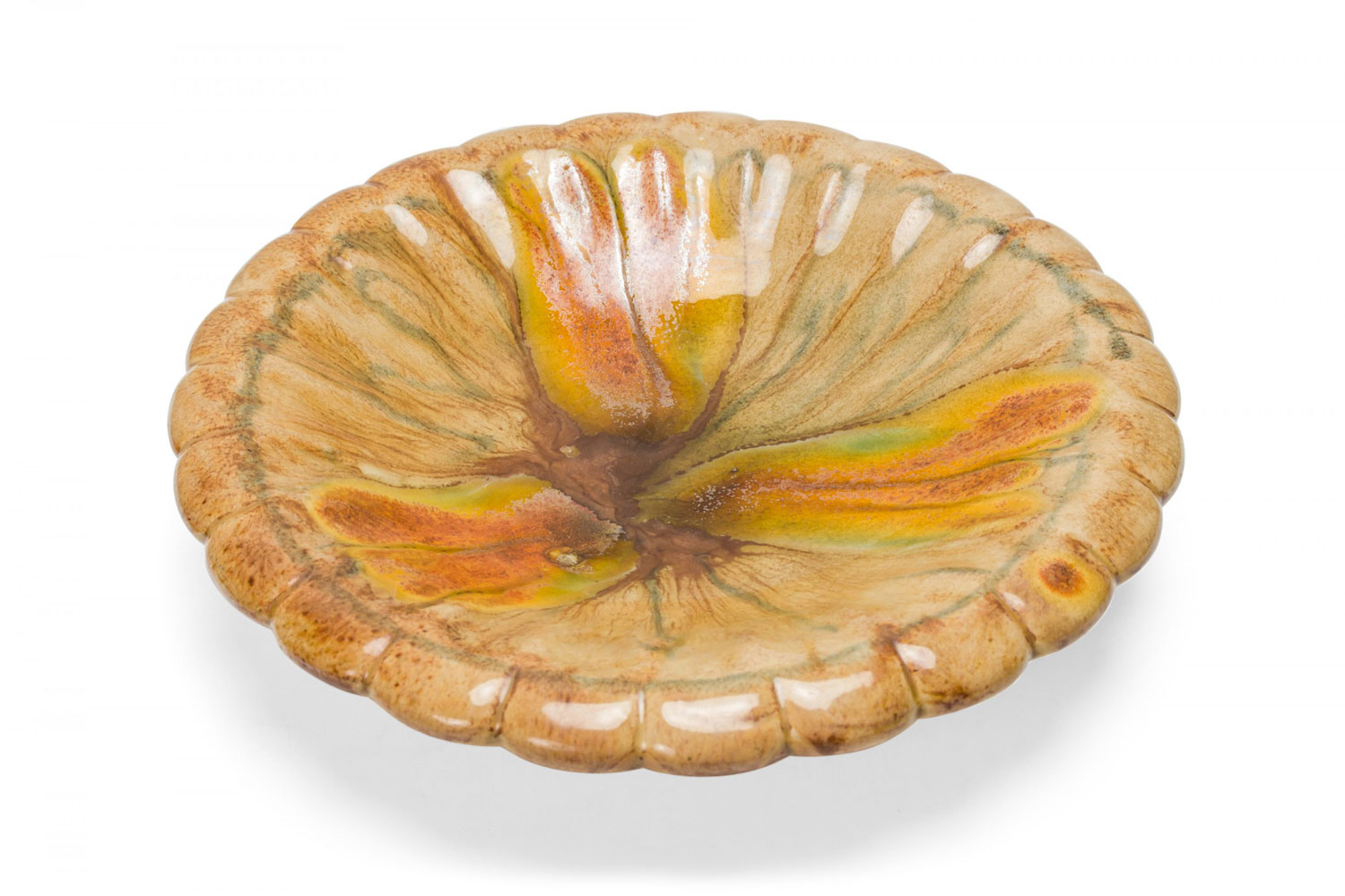 German Mid Century Scalloped Edge Beige, Orange, and Green Glazed Ceramic Footed Dish