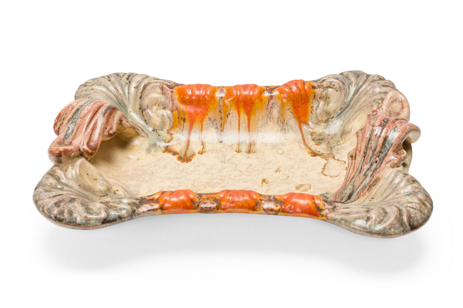 German Mid Century Scallop Design Beige, Gray, and Orange Glazed Ceramic Serving Tray