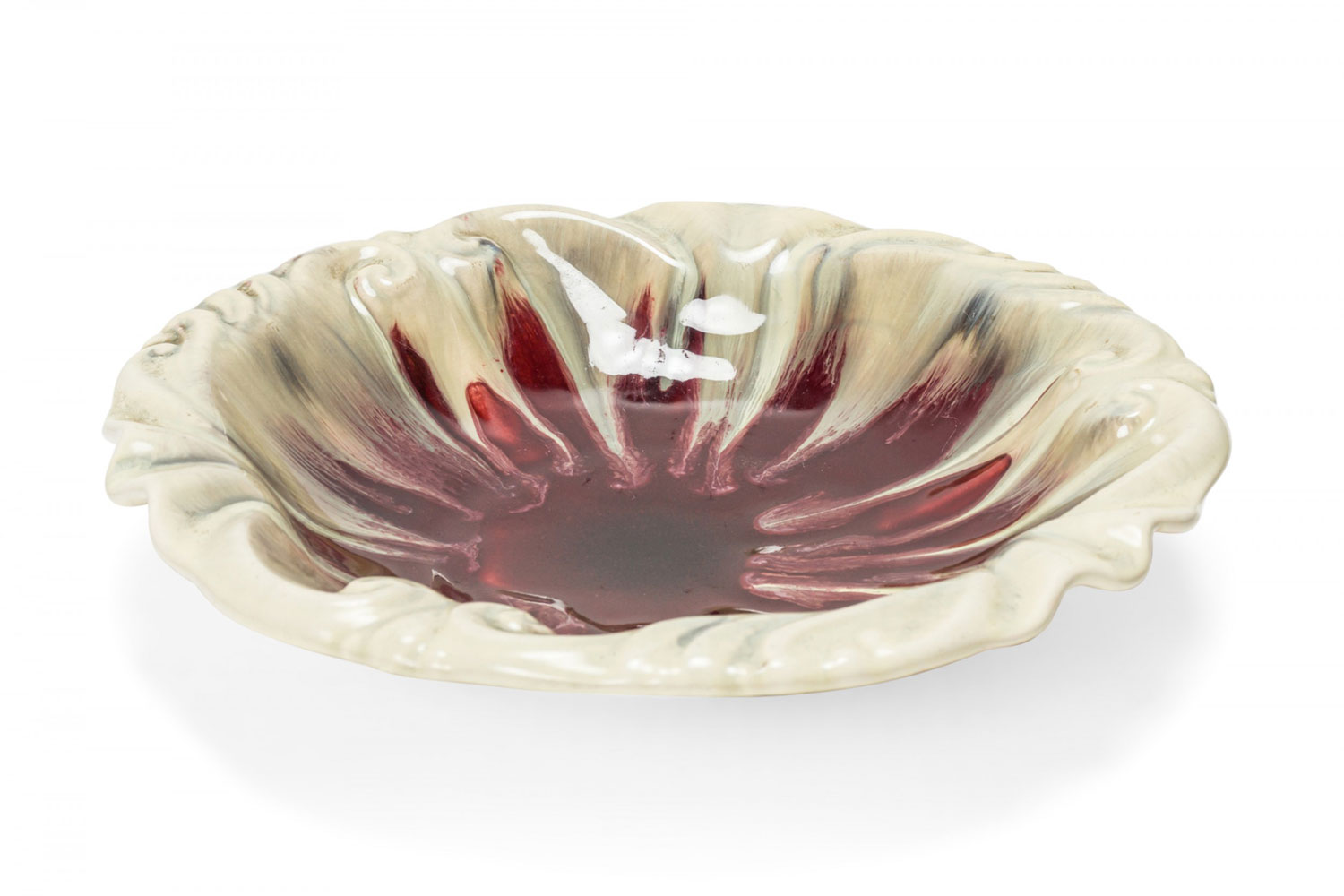 German Mid Century Beige and Red Glazed Swirl Design Ceramic Dish