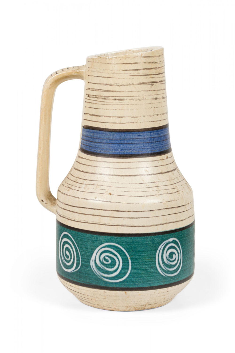 Scheurich West German Mid Century Blue Green and Beige Banded Design Ceramic Pitcher