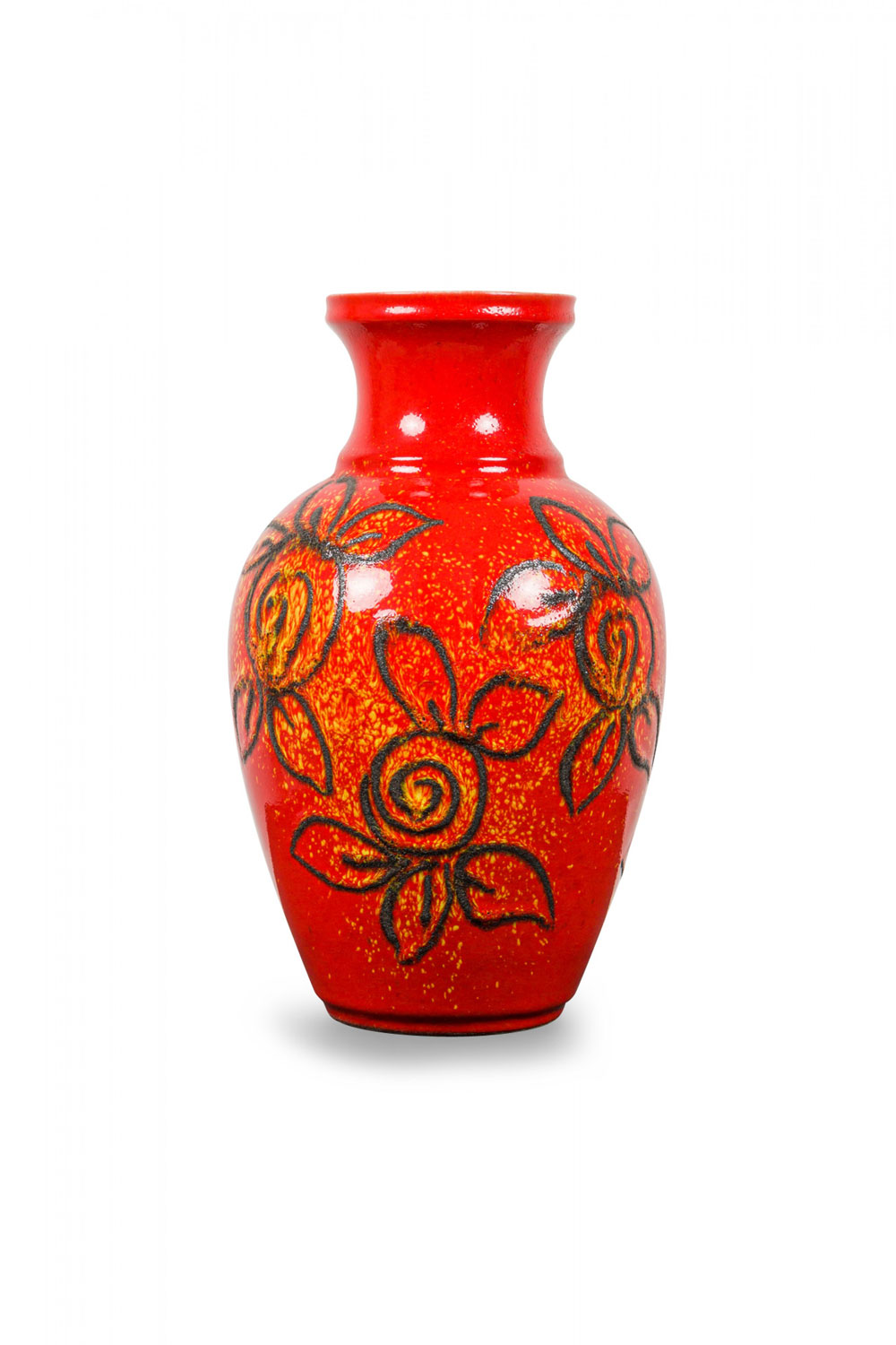 Bay Keramik West German Mid Century Hand Painted Black Floral Pattern and Red Glazed Ceramic Vase