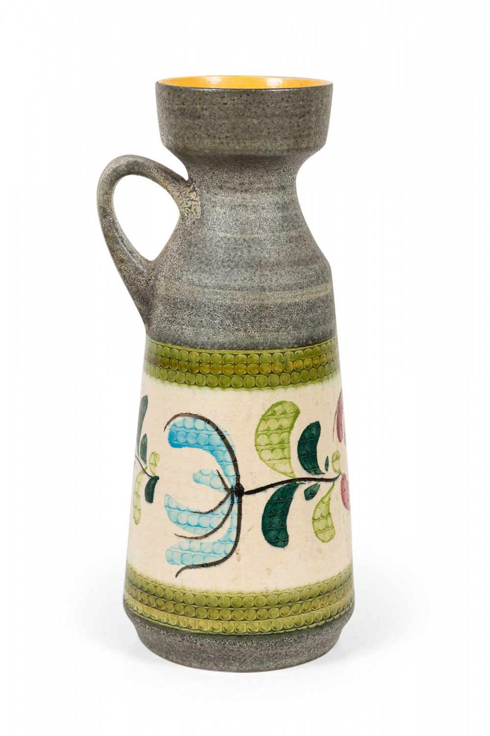 West German Mid Century Yellow and Green Floral Design Banded Gray Glazed Ceramic Vase