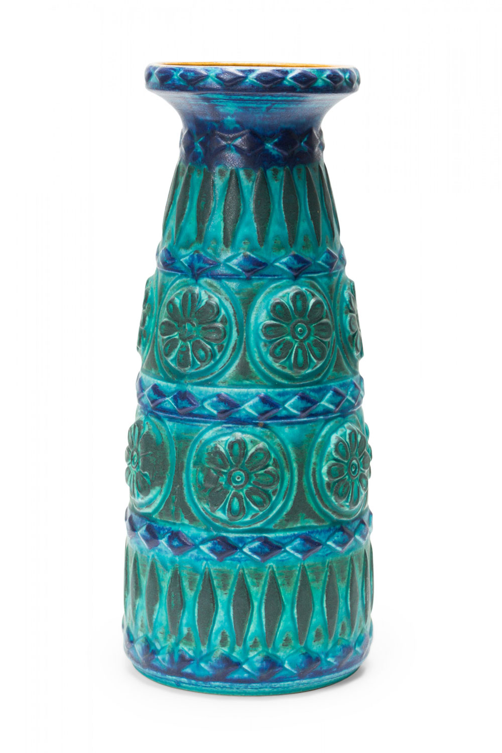 Bay Keramik West German Mid Century Banded Medallion and Diamon Desgin Multi Tonal Teal Glazed Vase