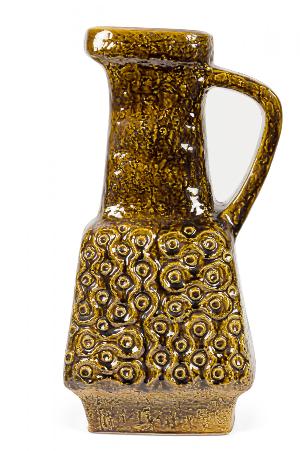 Bay Keramik West German Mid Century Raised Abstract Circle Design Handled Black and Gold Glazed Vase