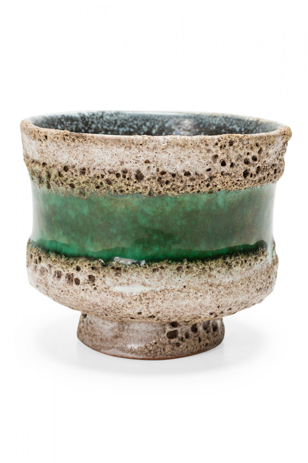 Strehla Keramik East German Mid Century Fat Lava Pitted Beige and Green Stripe Glazed Ceramic Pot