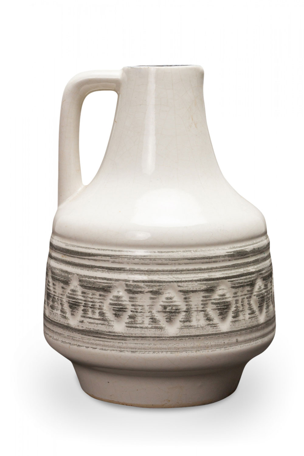 German Mid Century Gray Horizontal Line and Diamond Banded Beige Glazed Ceramic Jug