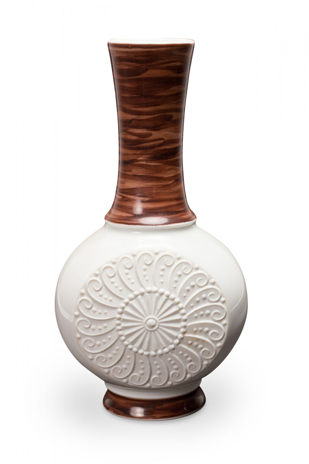 KPM West German Mid Century Spiral Sunburst Design White and Brown Porcelain Vase