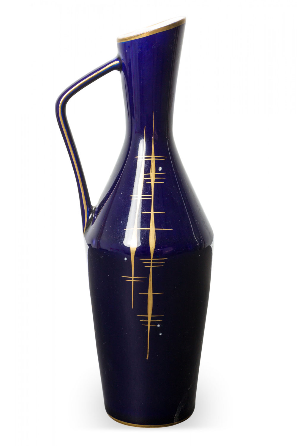 Echt Kobalt German Mid Century Feathered Vertical Gold Line Design Deep Blue Glazed Ceramic Pitcher