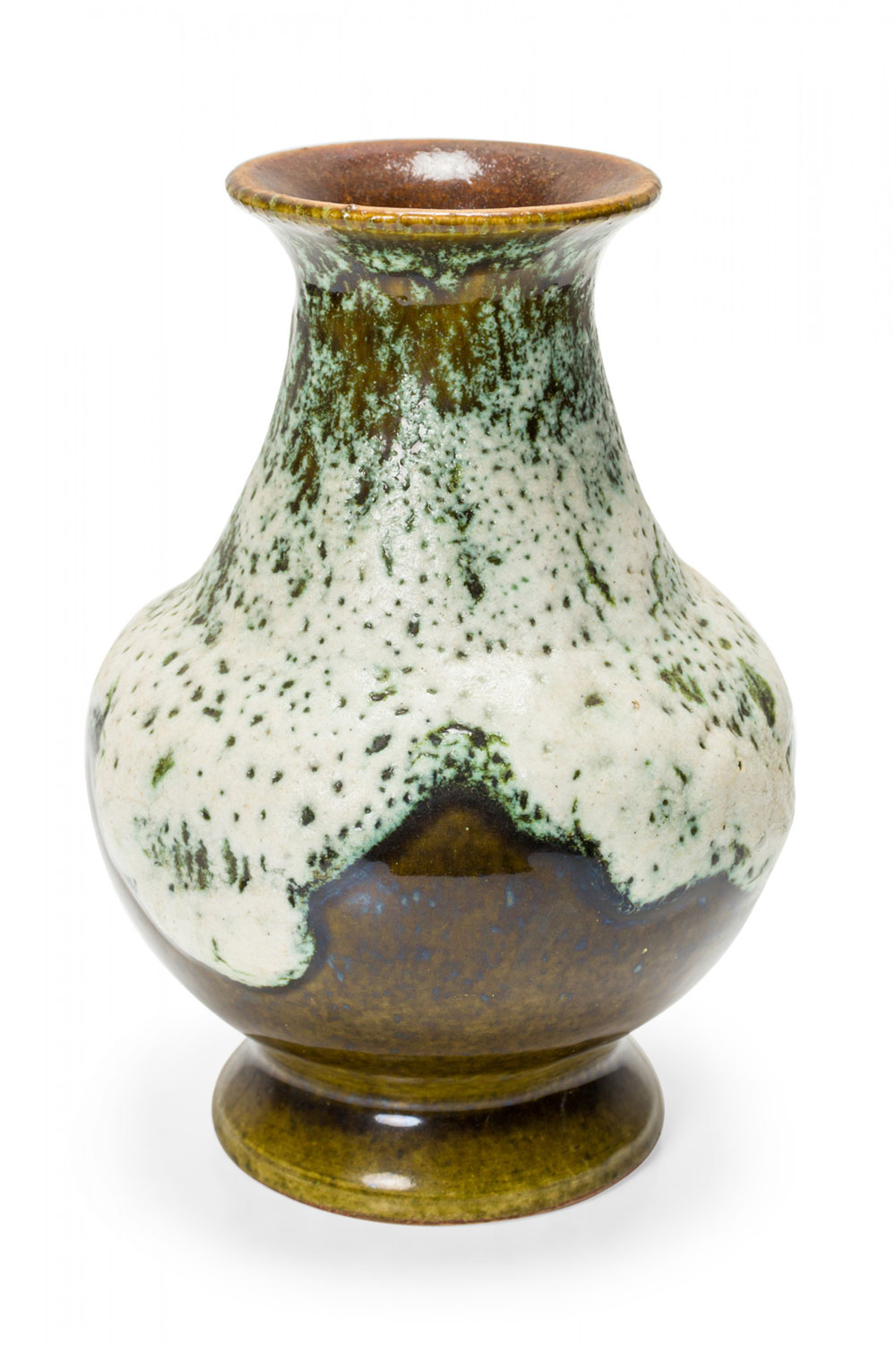 West German Mid Century White Green and Brown Speckle Glazed Footed Ceramic Vase