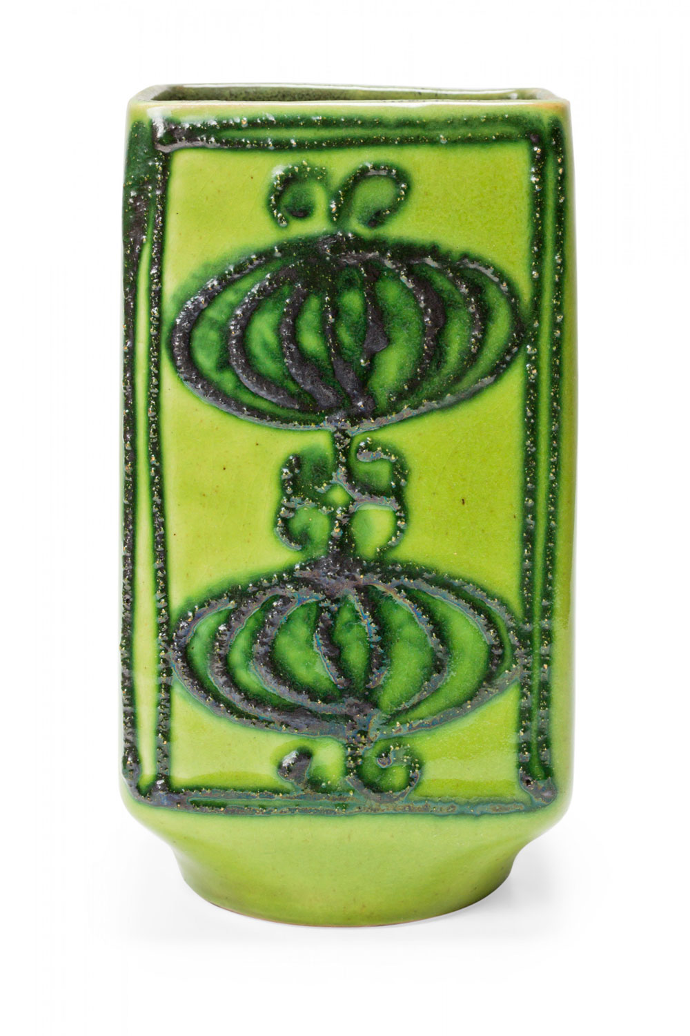 Strehla Keramik East German Mid Century Dark and Lime Green Raised Pattern Glazed Ceramic Vase