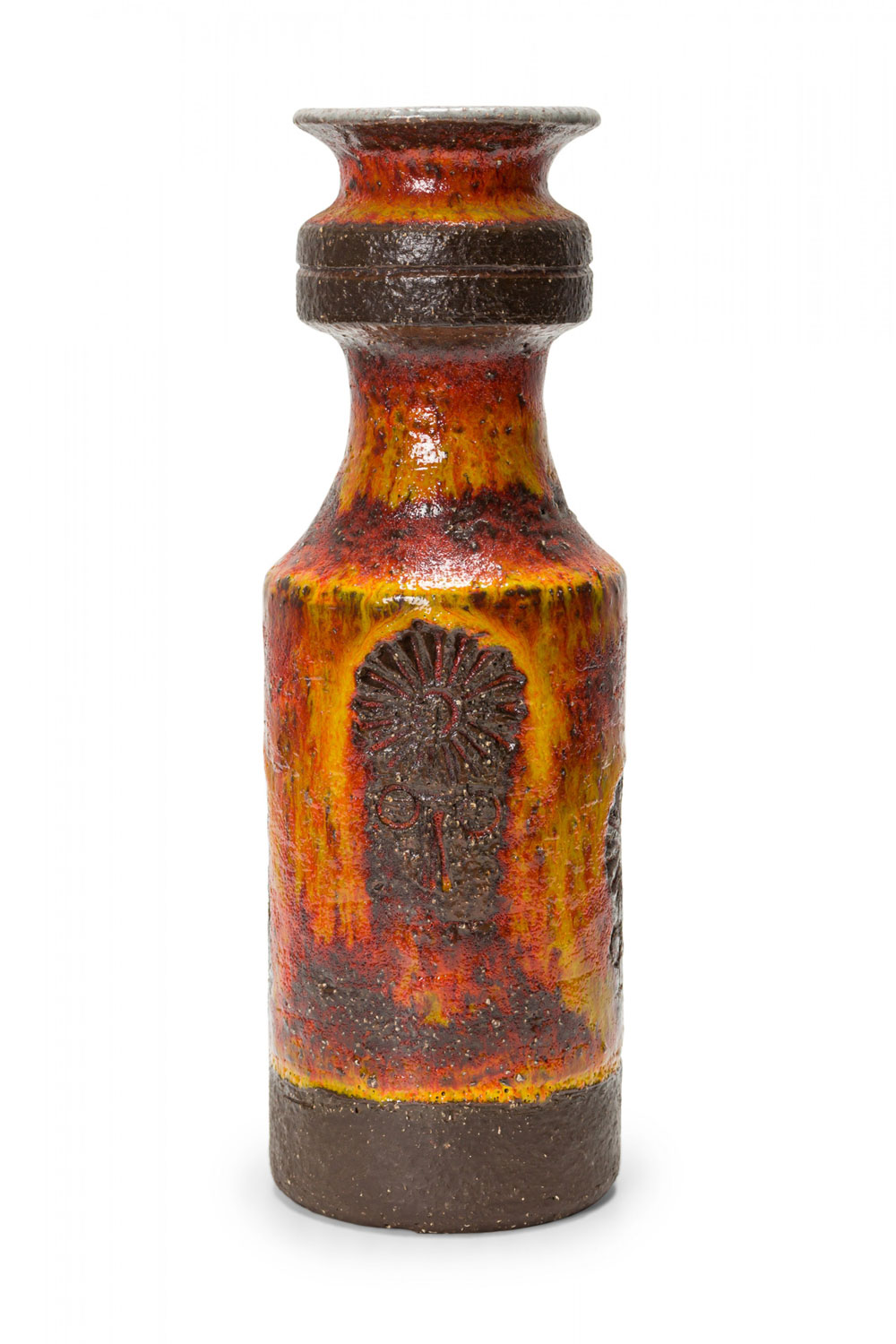 German Mid Century Textured Orange Yellow and Brown Fat Lava Ceramic Vase