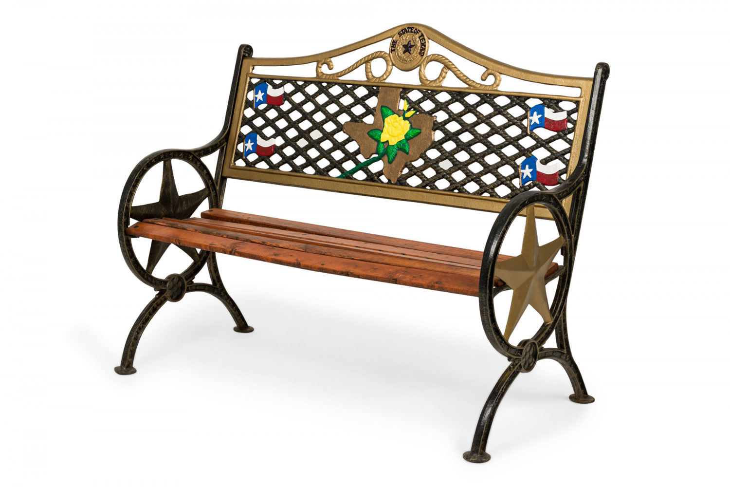 Contemporary American Cast Iron and Wood Polychromed Texas Motif Bench
