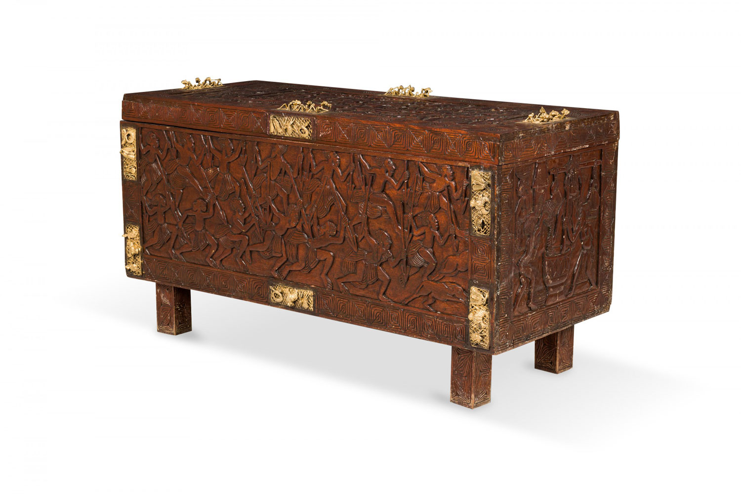 African Hinged Top Carved Wood and Brass Figural Chest