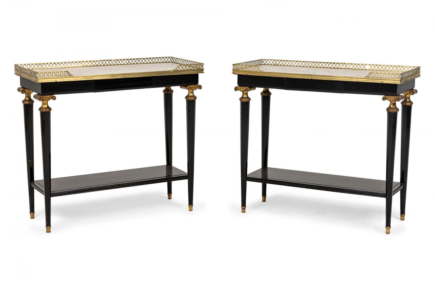 Pair of French Mid Century Ebonized Brass and White Marble End Side Tables manner of Jansen