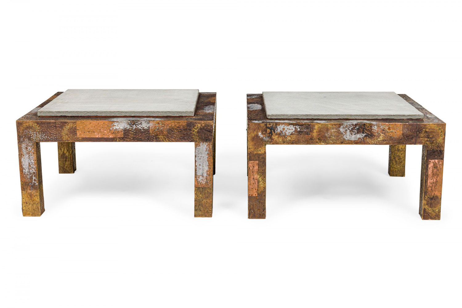 Pair of American Mid Century Mixed Metal Clad Slate Top Coffee Tables manner of Paul Evans