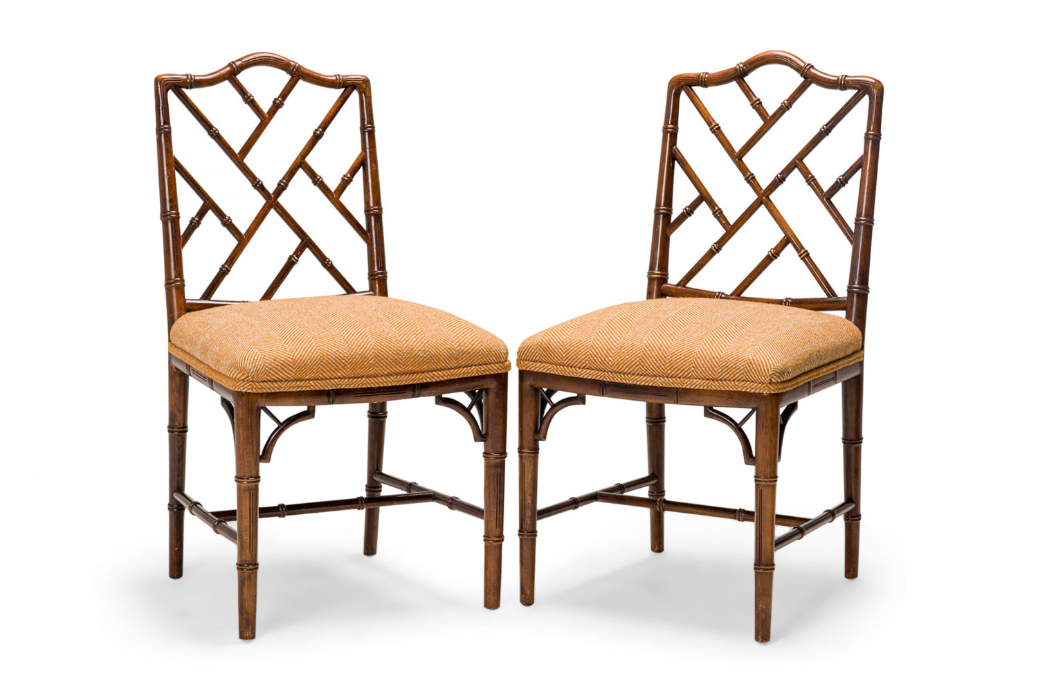 Set of 8 Faux Bamboo Lattice Back Gold and Red Herringbone Upholstered Side Chairs