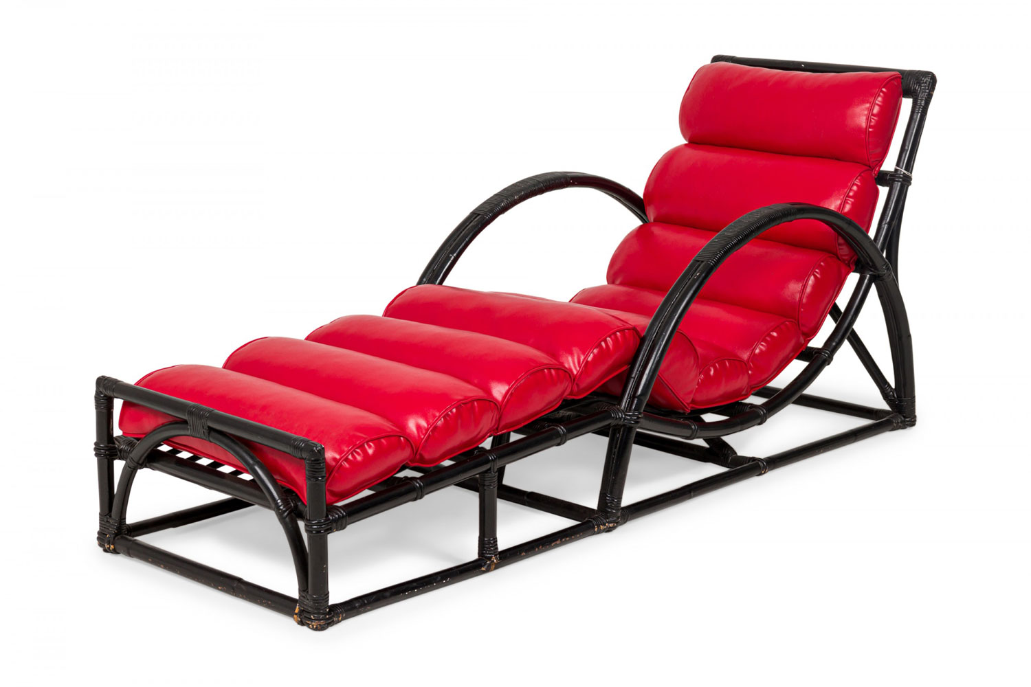 Contemporary Black Painted Split Reed Rattan and Channeled Red Vinyl Chaise Lounge