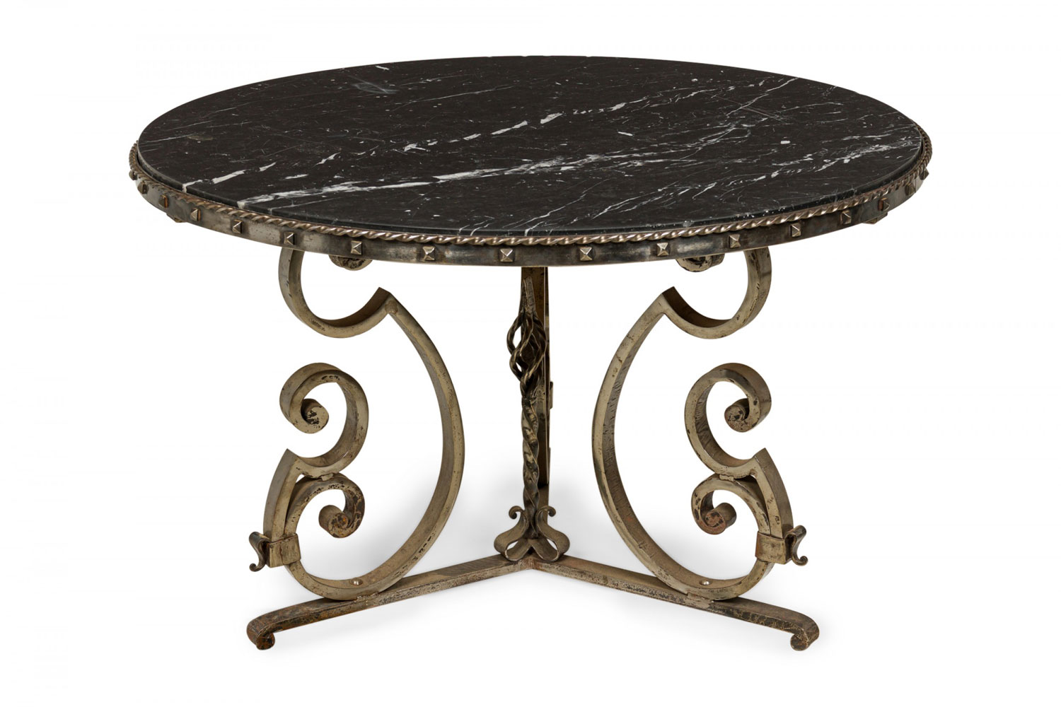 French art deco iron and black marble circular scoll form center table manner of raymond subes